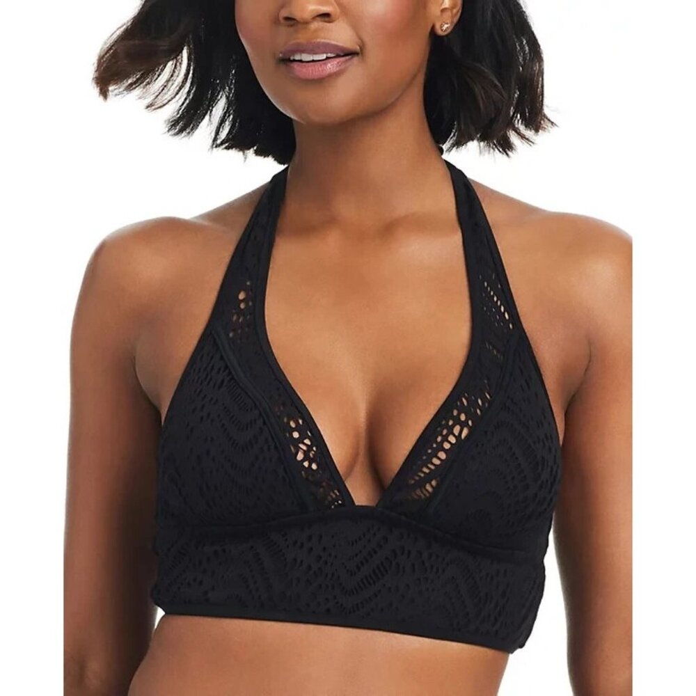 Bar III Women's Crochet Longline Halter Bikini Top Black Size XS NWT
